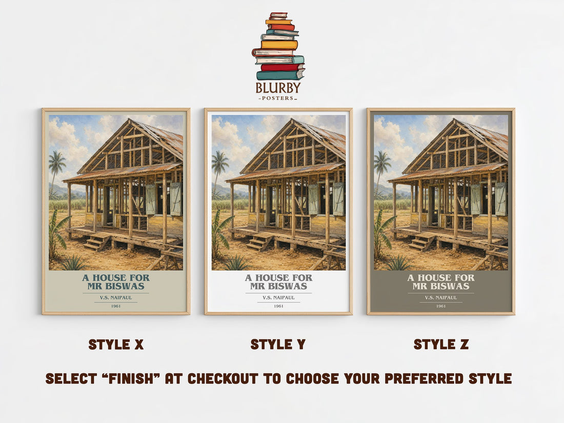 A House for Mr Biswas book cover print in frame leaning in hallway – literary fiction wall art (mockup)