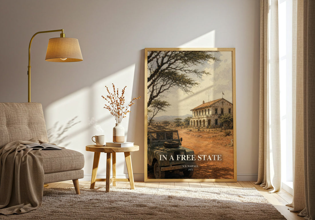 In a Free State watercolour print in frame leaning in hallway – literary fiction wall art (mockup)