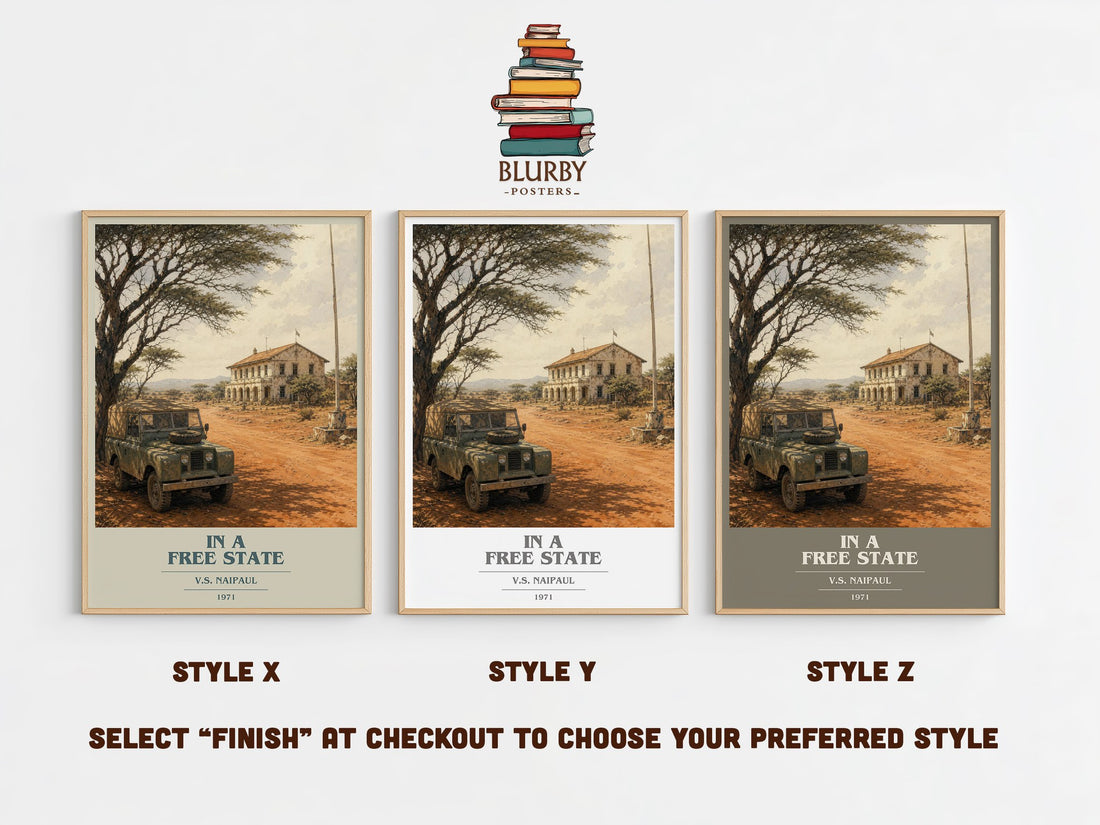 In a Free State book cover print in frame leaning in hallway – literary fiction wall art (mockup)
