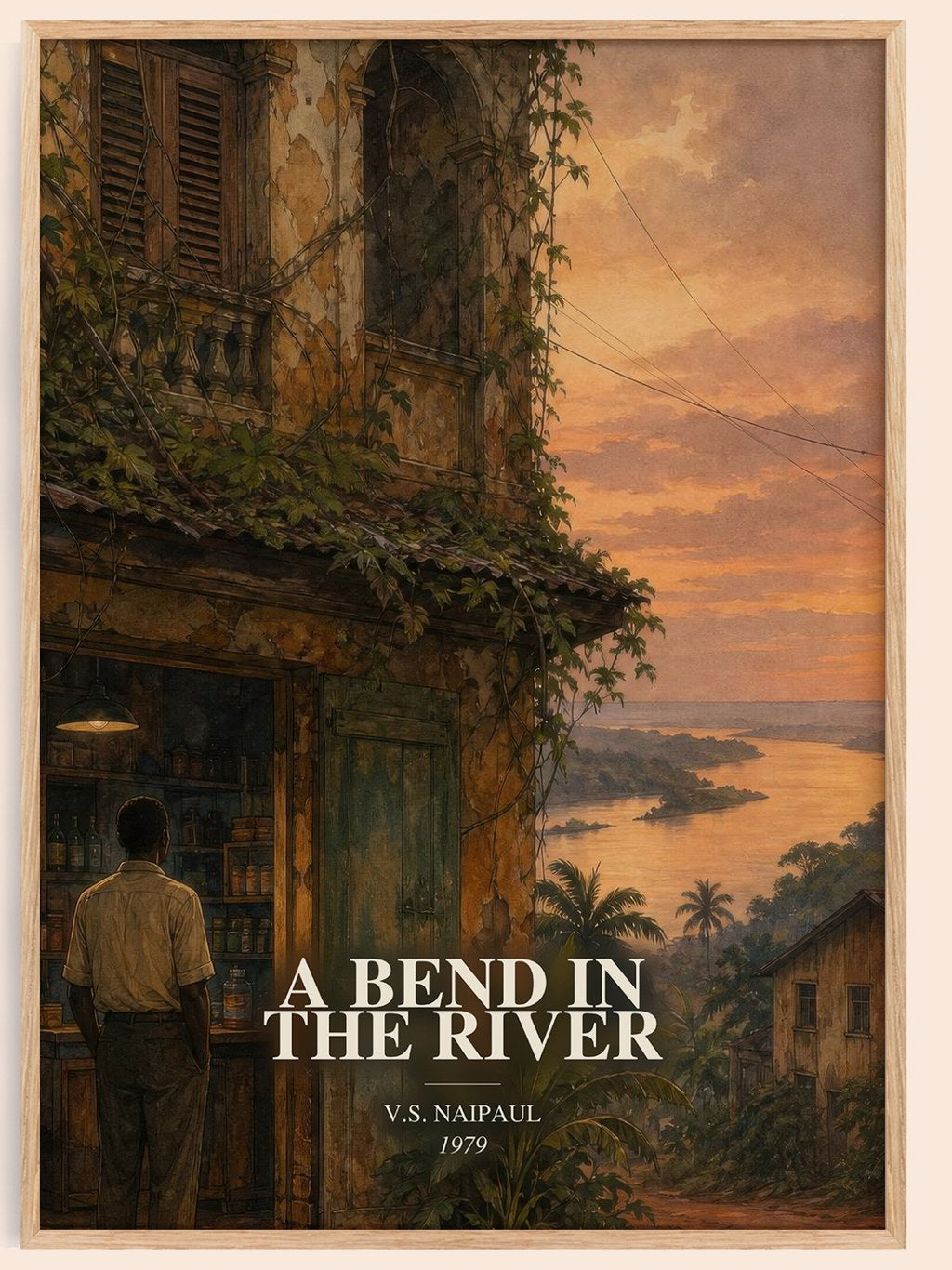 A Bend in the River watercolour book poster by V.S. Naipaul – framed literary art print