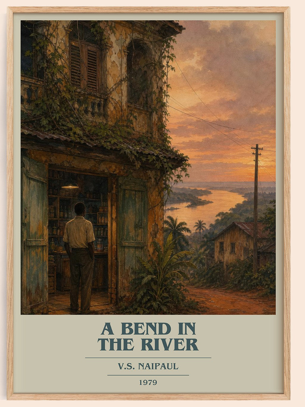 A Bend in the River book cover book poster by V.S. Naipaul – framed literary art print