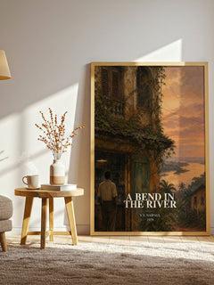 A Bend in the River watercolour print in frame leaning in hallway – literary fiction wall art