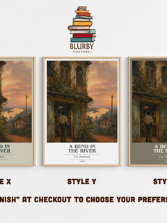 A Bend in the River book cover print in frame leaning in hallway – literary fiction wall art