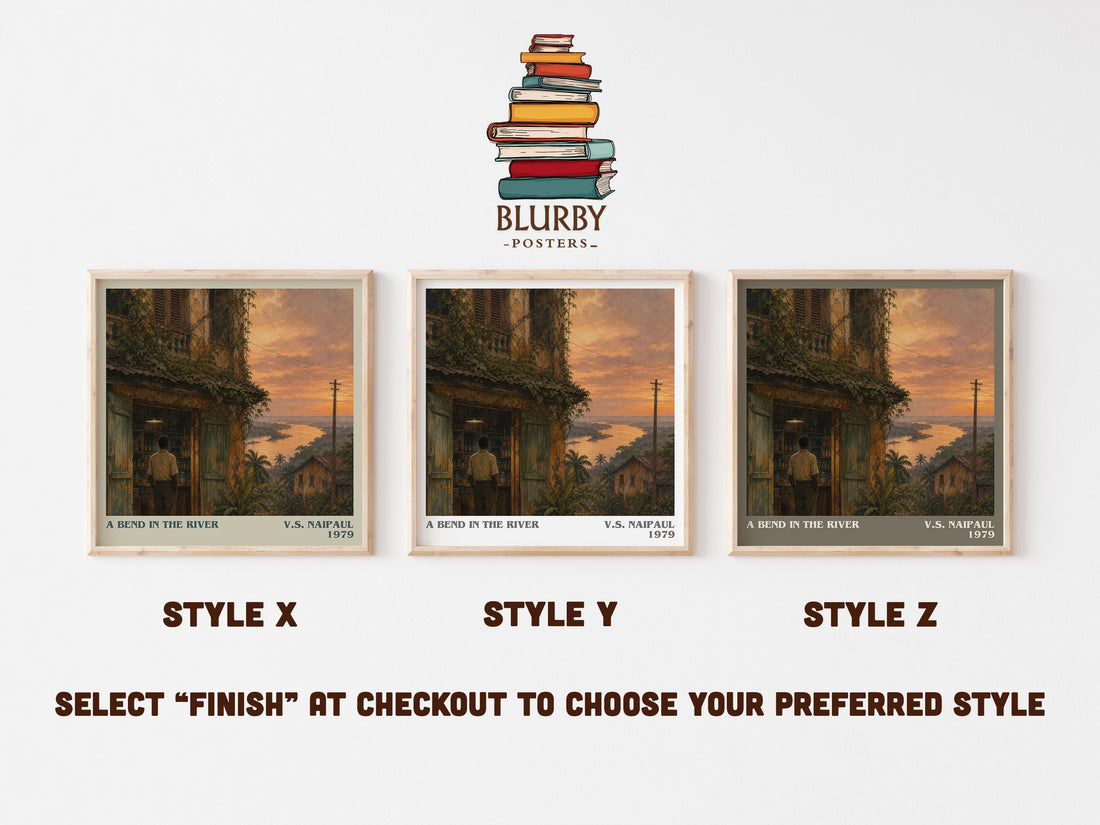 A Bend in the River literary print in frame leaning in hallway – literary fiction wall art (mockup)