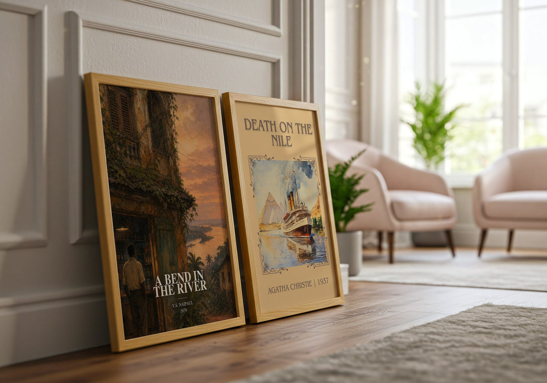 A Bend in the River watercolour print framed by window – literary home decor