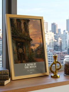 A Bend in the River book cover print framed by window – literary home decor