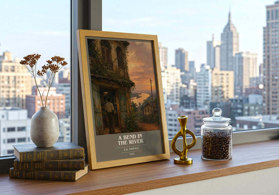 A Bend in the River book cover print framed by window – literary home decor