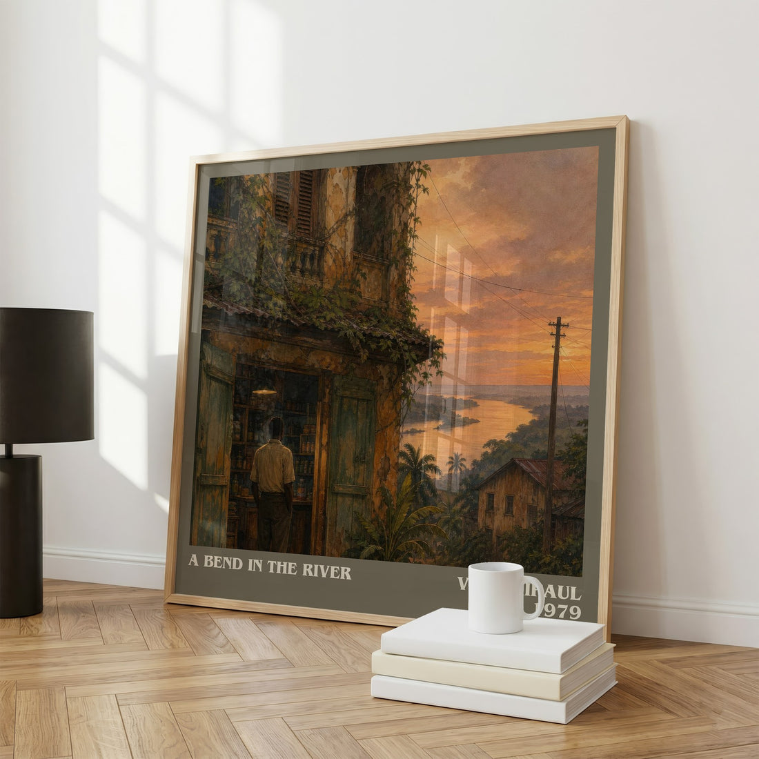 A Bend in the River literary print framed by window – literary home decor