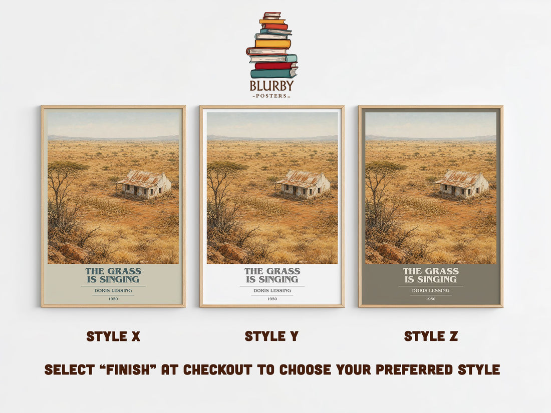 The Grass Is Singing book cover print in frame leaning in hallway – literary fiction wall art (mockup)