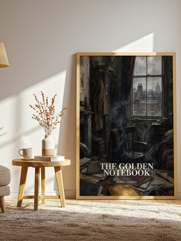 The Golden Notebook watercolour print in frame leaning in hallway – literary fiction wall art
