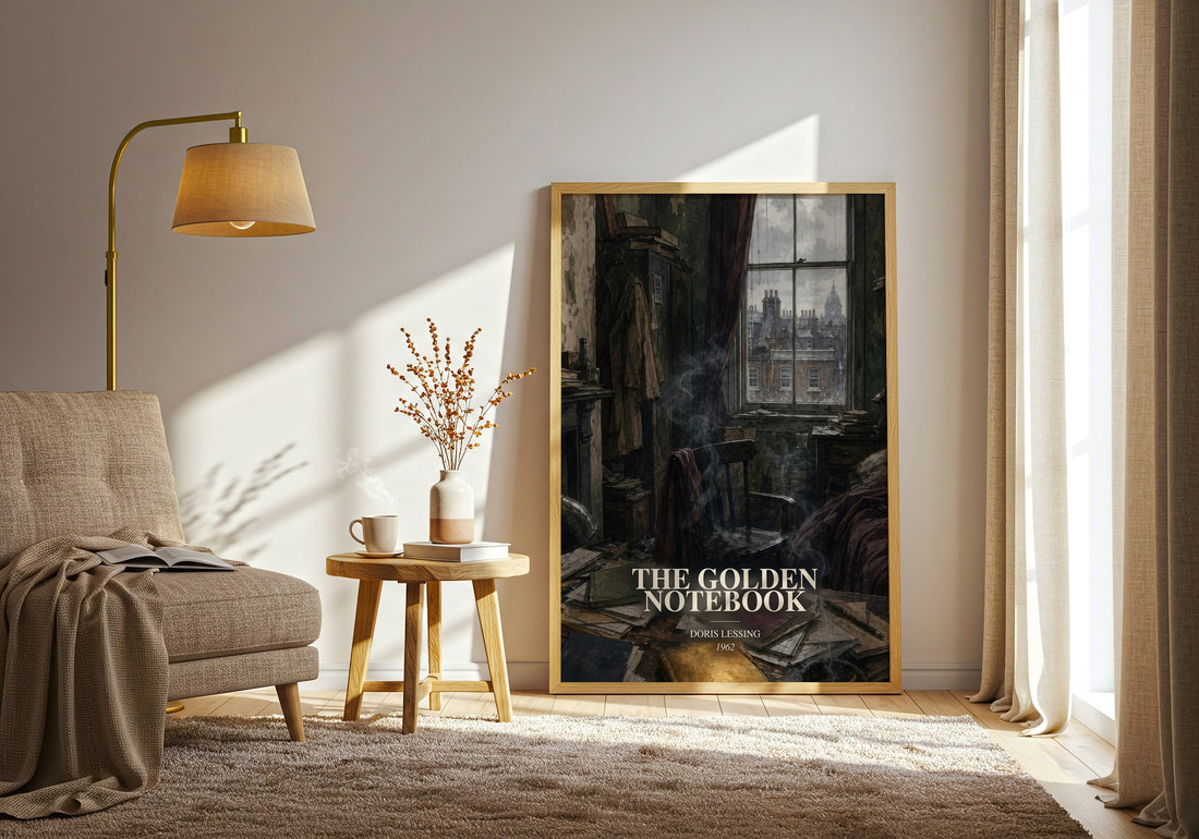 The Golden Notebook watercolour print in frame leaning in hallway – literary fiction wall art (mockup)