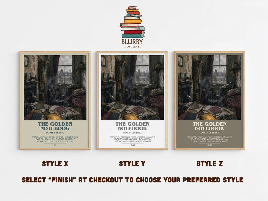 The Golden Notebook bookish print in frame leaning in hallway – literary fiction wall art (mockup)