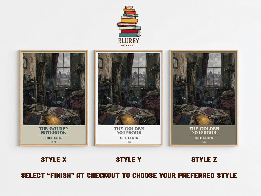 The Golden Notebook book cover print in frame leaning in hallway – literary fiction wall art (mockup)