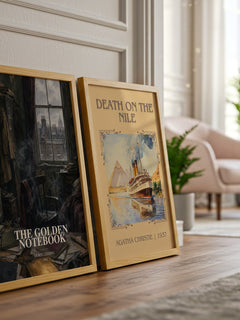 The Golden Notebook watercolour print framed by window – literary home decor