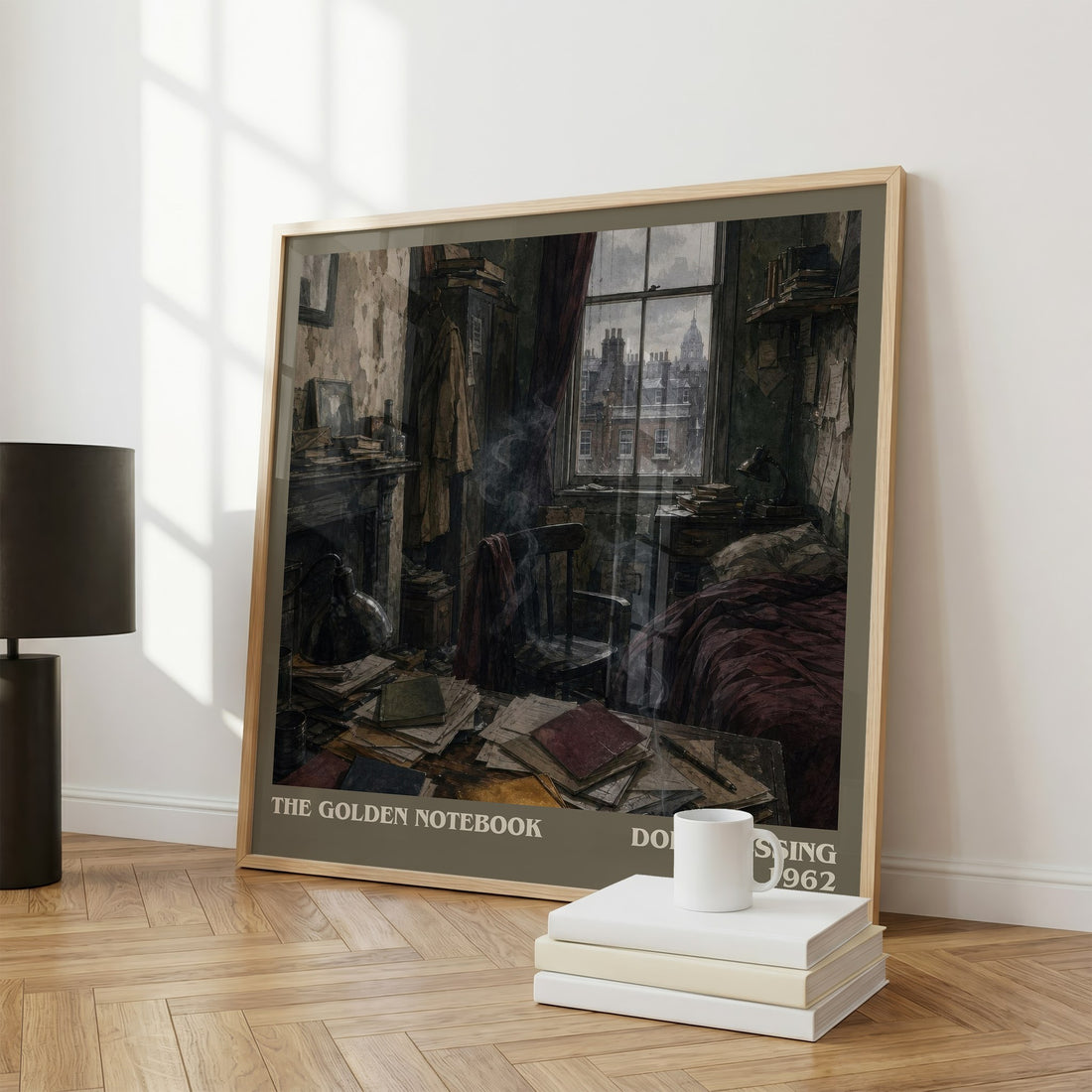 The Golden Notebook literary print framed by window – literary home decor