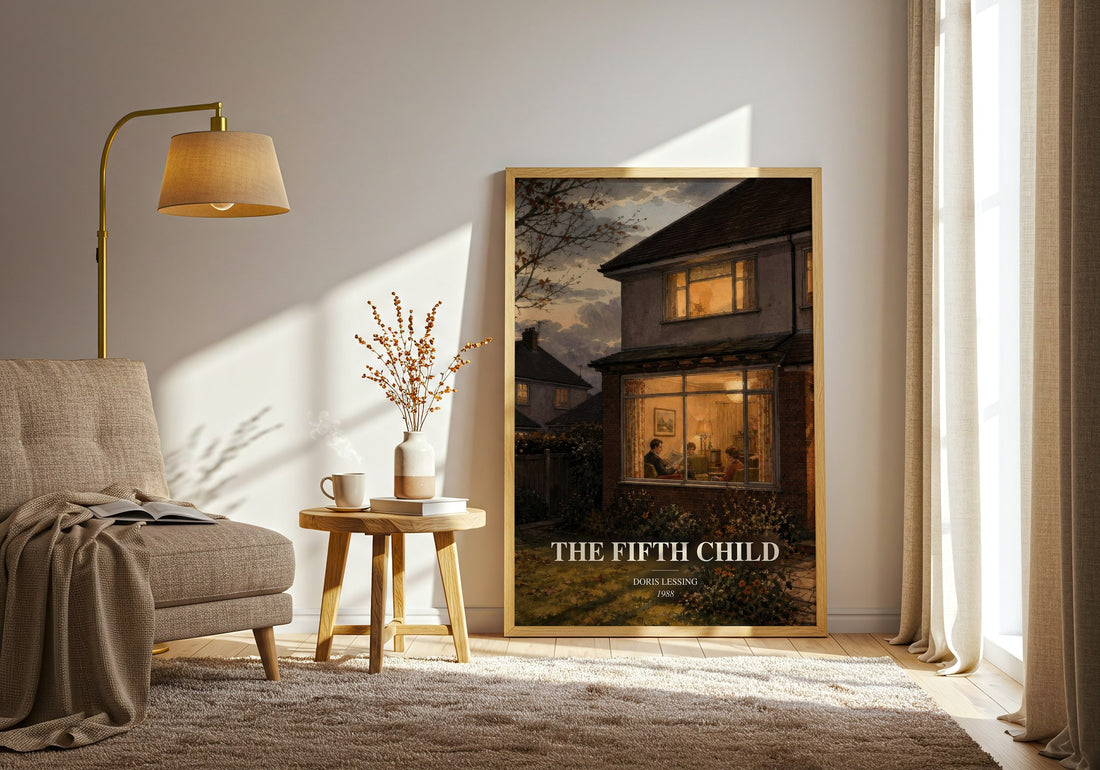 The Fifth Child watercolour print in frame leaning in hallway – literary fiction wall art (mockup)