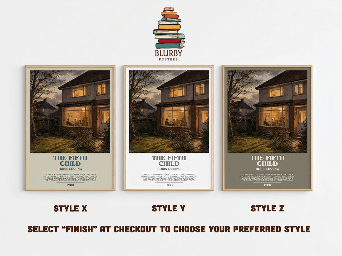 The Fifth Child bookish print in frame leaning in hallway – literary fiction wall art (mockup)