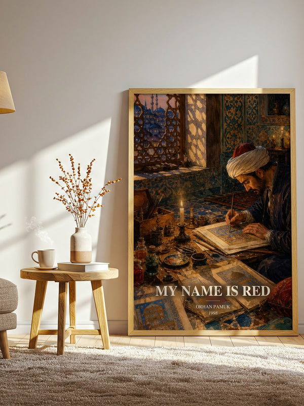 My Name Is Red watercolour print in frame leaning in hallway – historical fiction wall art