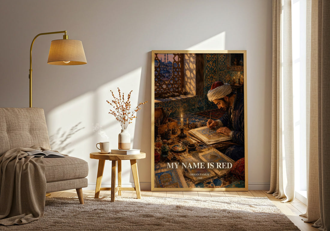 My Name Is Red watercolour print in frame leaning in hallway – historical fiction wall art (mockup)