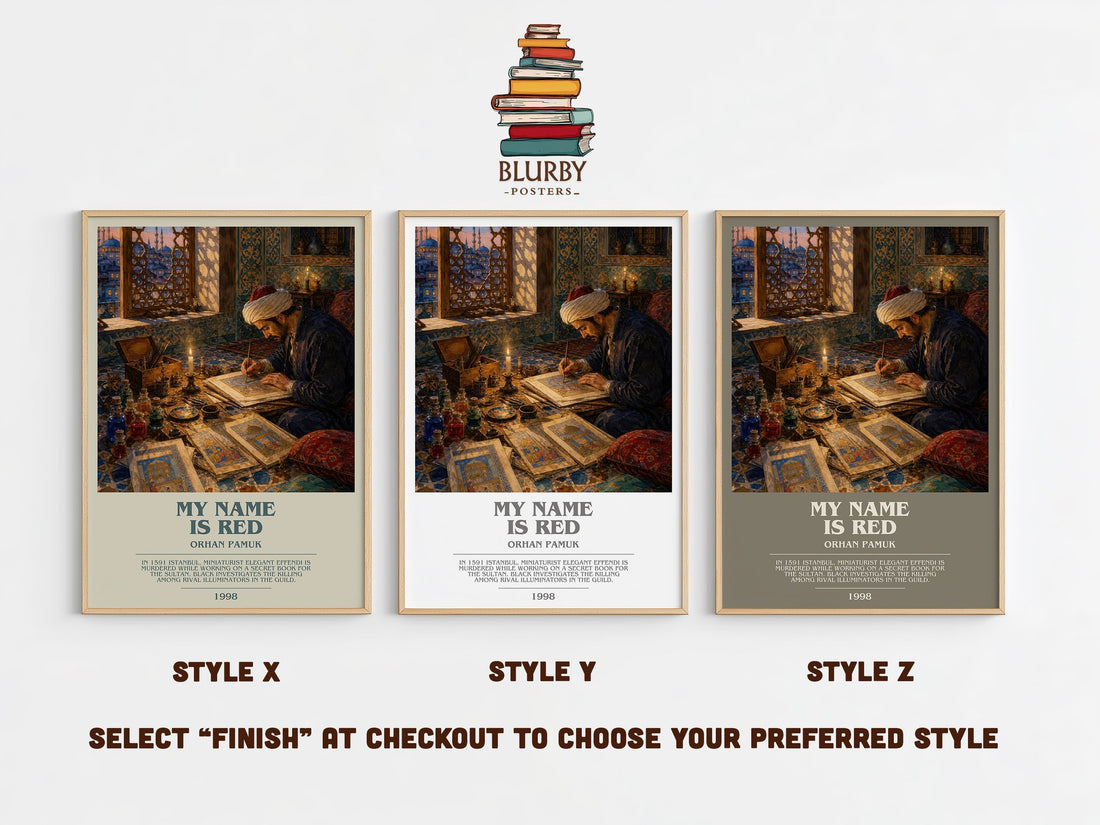 My Name Is Red bookish print in frame leaning in hallway – historical fiction wall art (mockup)