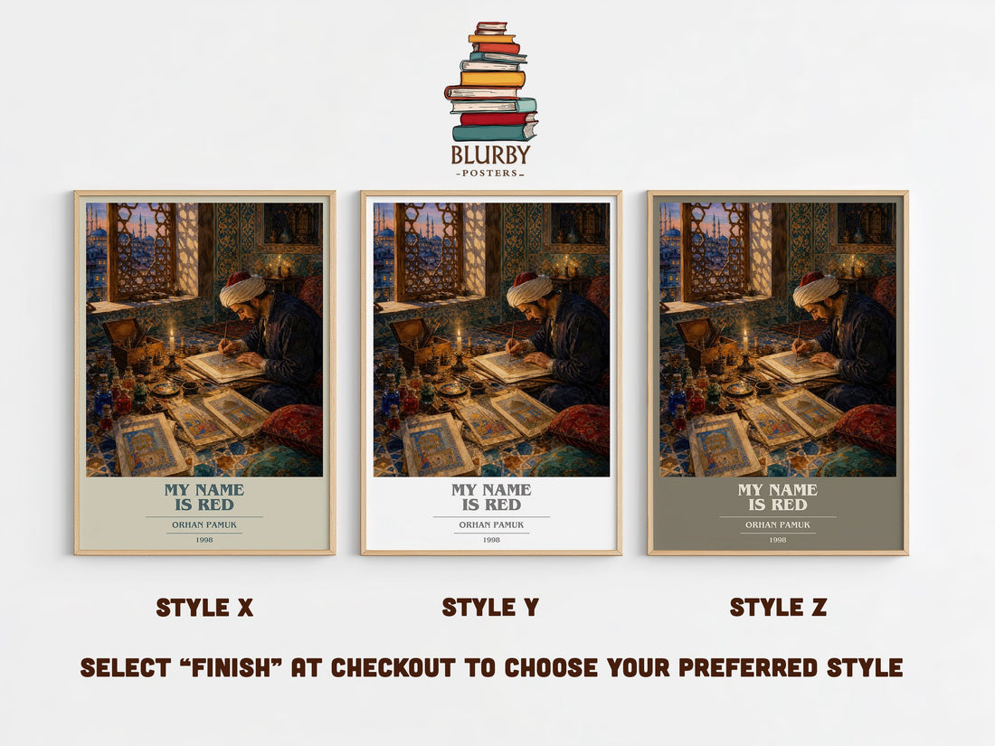 My Name Is Red book cover print in frame leaning in hallway – historical fiction wall art (mockup)