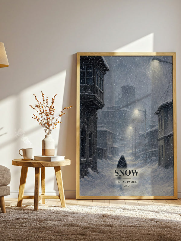 Snow watercolour print in frame leaning in hallway – literary fiction wall art