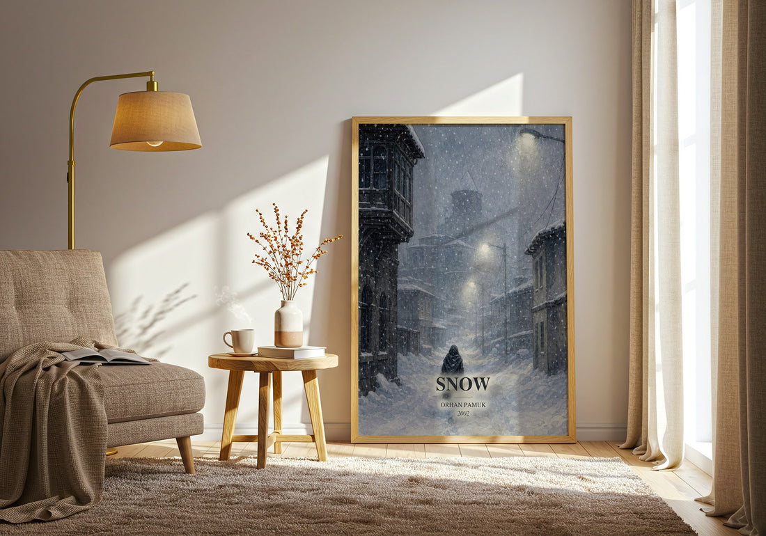 Snow watercolour print in frame leaning in hallway – literary fiction wall art (mockup)
