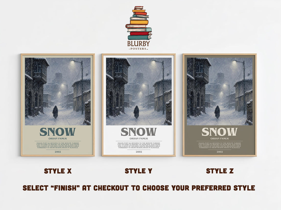 Snow bookish print in frame leaning in hallway – literary fiction wall art (mockup)
