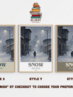 Snow book cover print in frame leaning in hallway – literary fiction wall art