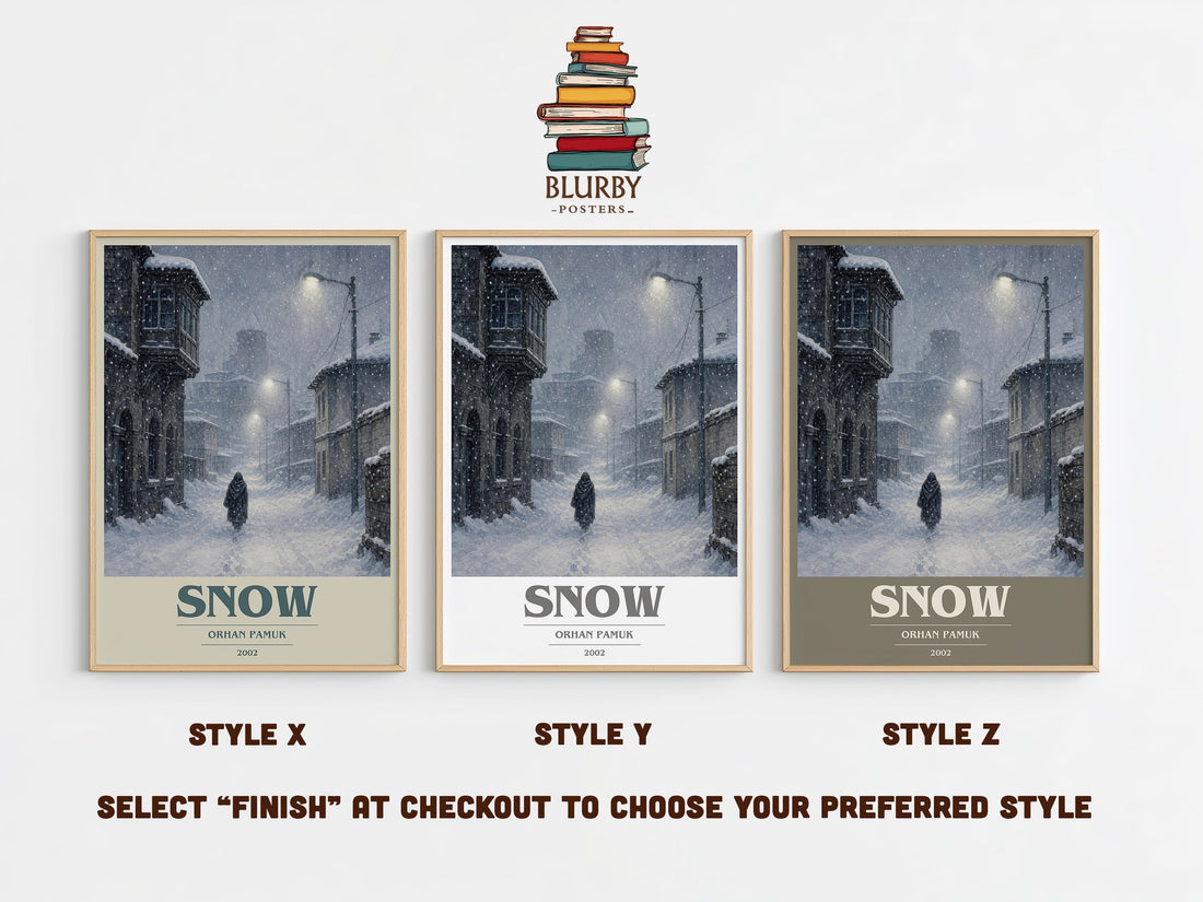 Snow book cover print in frame leaning in hallway – literary fiction wall art (mockup)