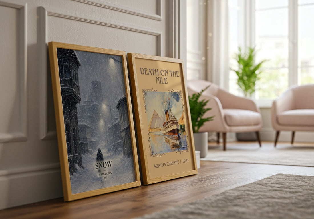 Snow watercolour print framed by window – literary home decor