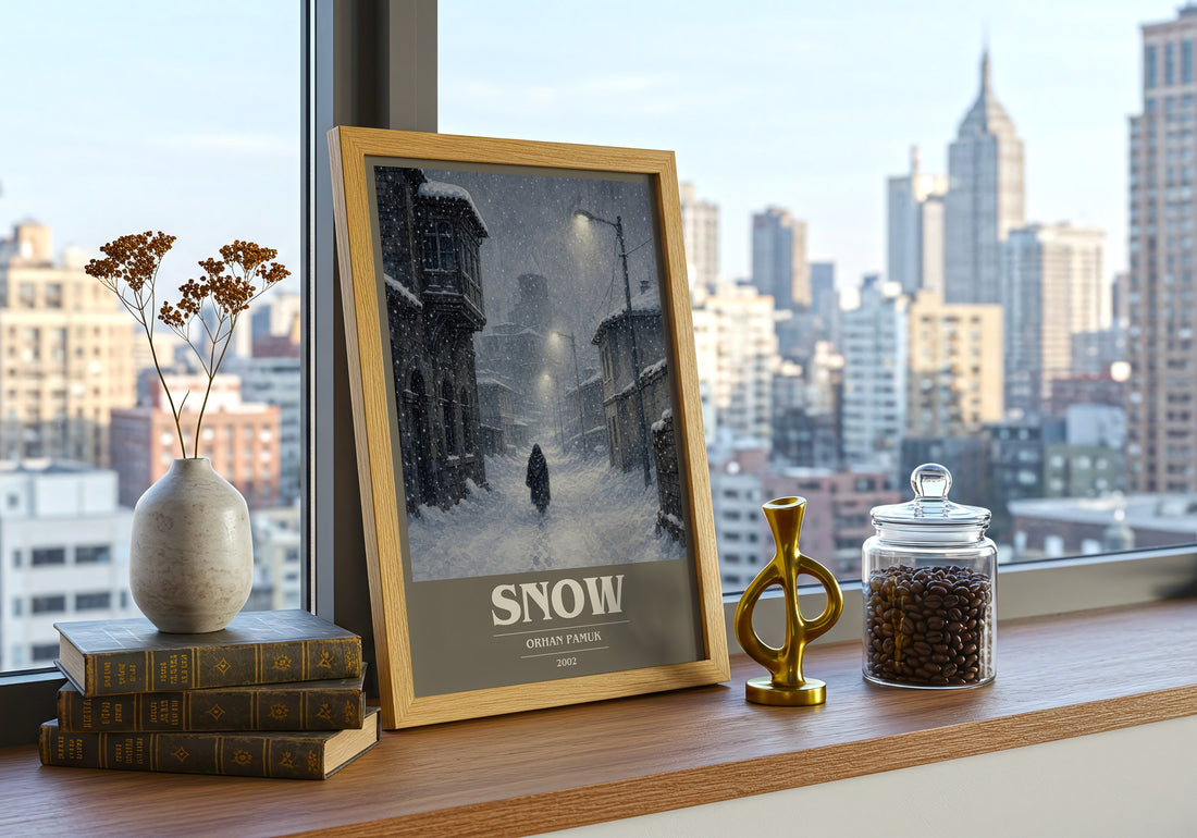 Snow book cover print framed by window – literary home decor