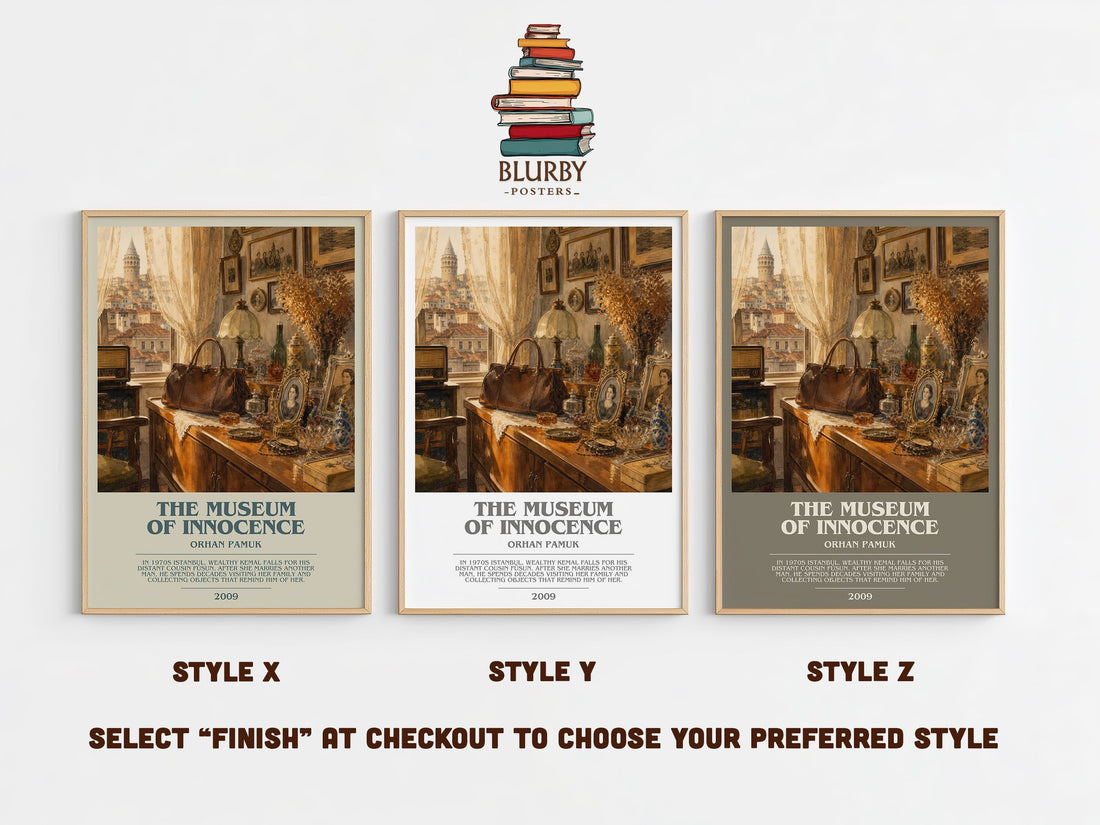 The Museum of Innocence bookish print in frame leaning in hallway – literary fiction wall art (mockup)