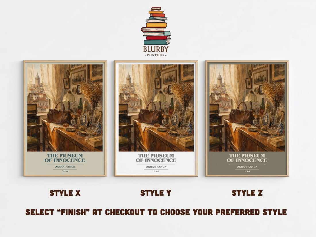 The Museum of Innocence book cover print in frame leaning in hallway – literary fiction wall art (mockup)