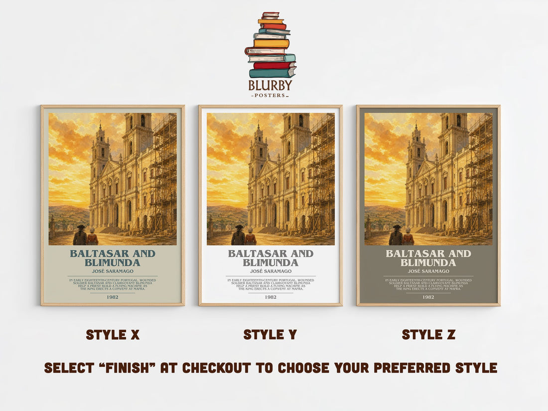Baltasar and Blimunda bookish print in frame leaning in hallway – literary fiction wall art (mockup)