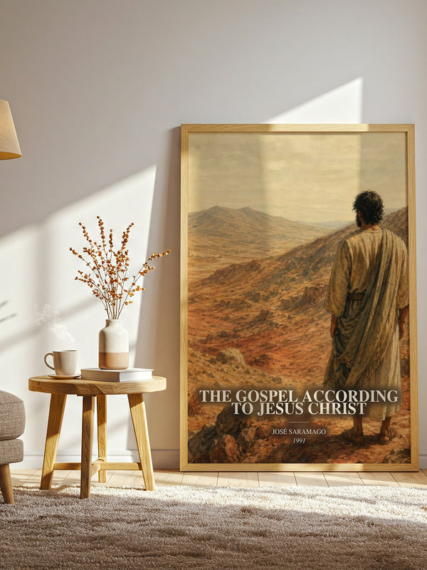 The Gospel According to Jesus Christ watercolour print in frame leaning in hallway – literary fiction wall art