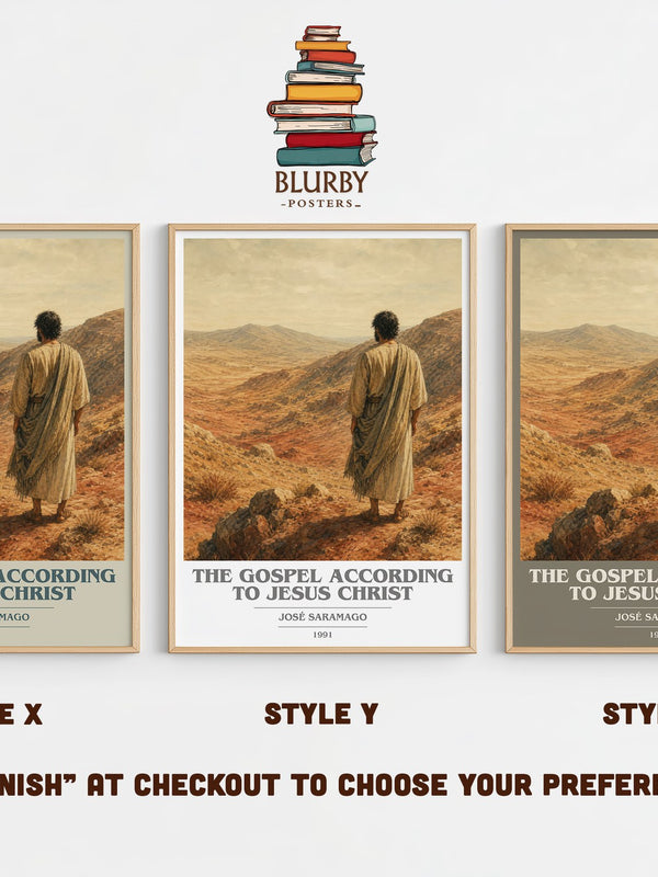 The Gospel According to Jesus Christ book cover print in frame leaning in hallway – literary fiction wall art