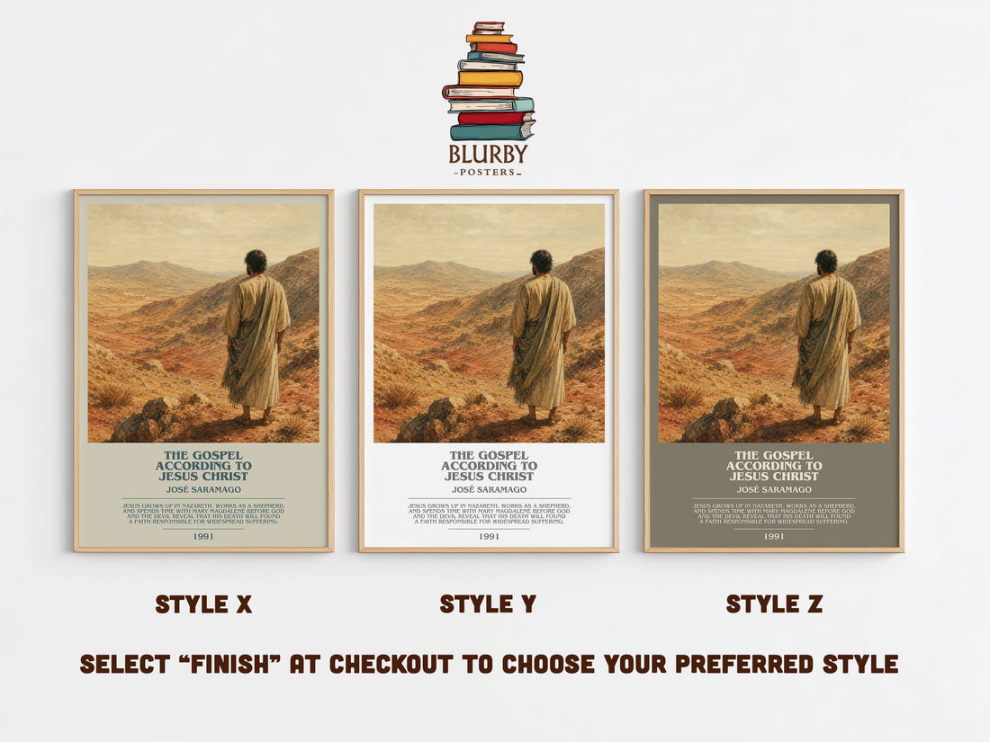 The Gospel According to Jesus Christ bookish print in frame leaning in hallway – literary fiction wall art (mockup)