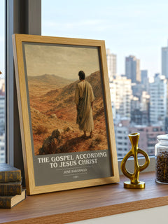 The Gospel According to Jesus Christ book cover print framed by window – literary home decor