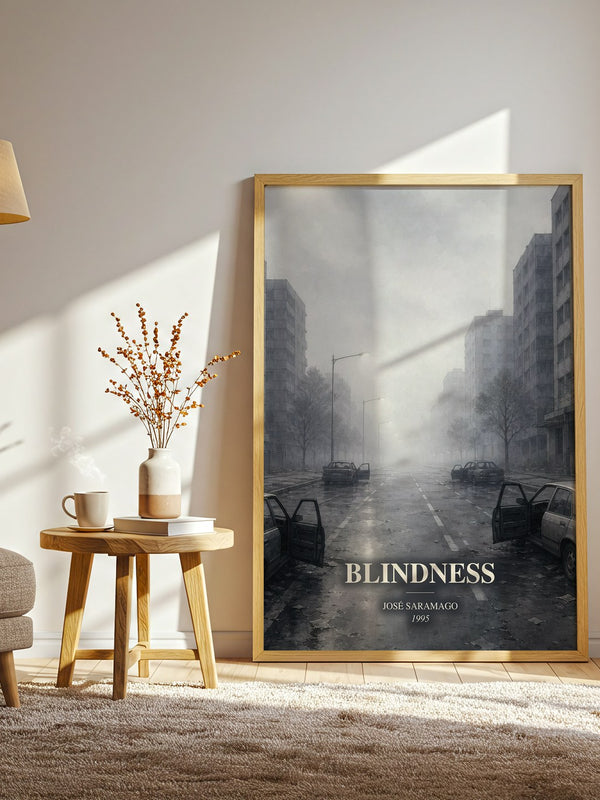 Blindness watercolour print in frame leaning in hallway – literary fiction wall art