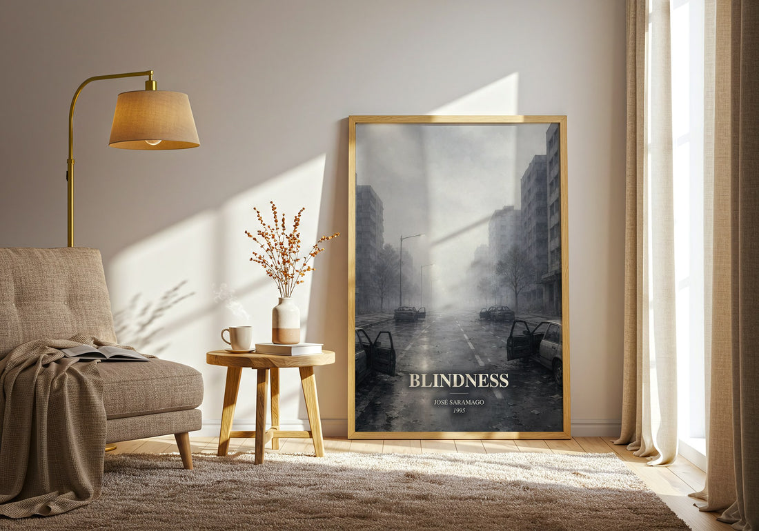 Blindness watercolour print in frame leaning in hallway – literary fiction wall art (mockup)