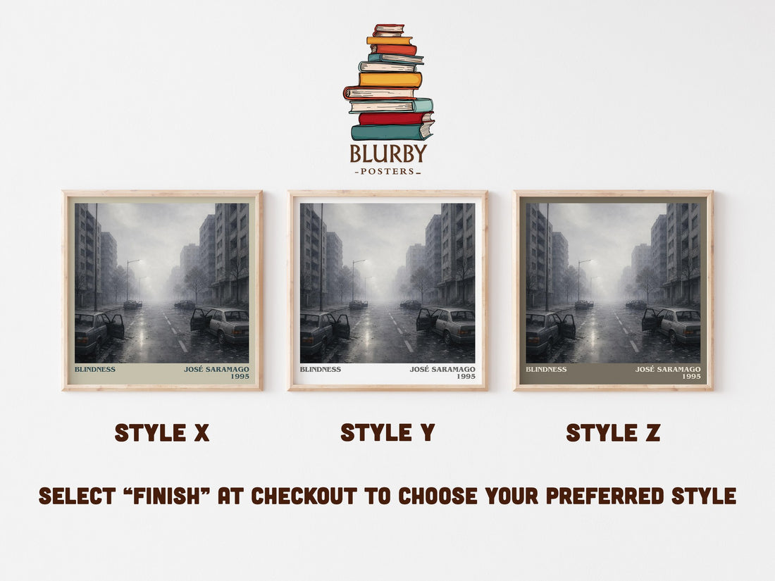 Blindness literary print in frame leaning in hallway – literary fiction wall art (mockup)