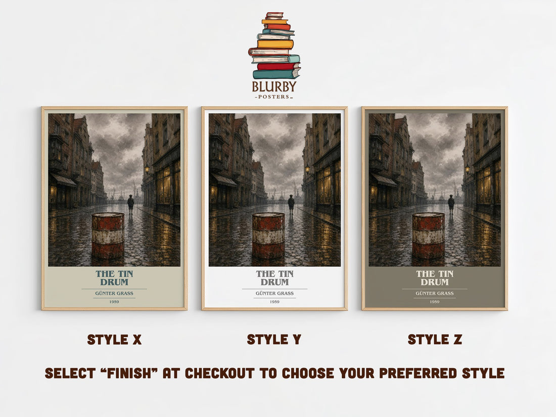 The Tin Drum book cover print in frame leaning in hallway – literary fiction wall art (mockup)