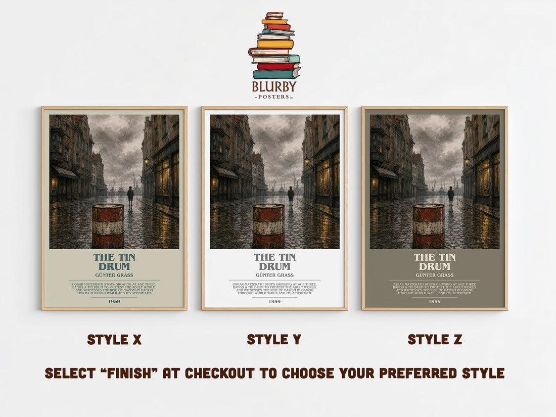 The Tin Drum bookish print in frame leaning in hallway – literary fiction wall art (mockup)