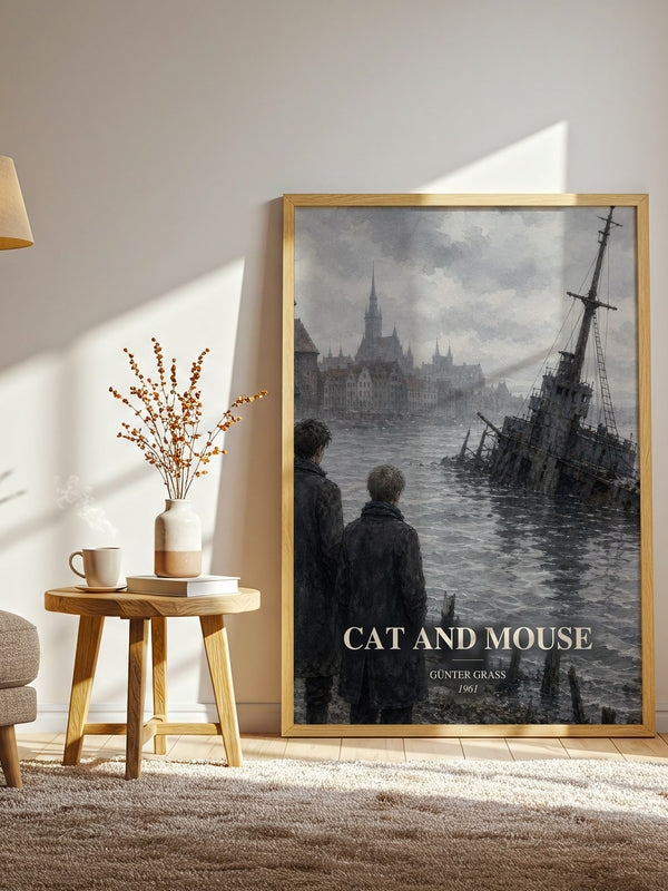 Cat and Mouse watercolour print in frame leaning in hallway – literary fiction wall art