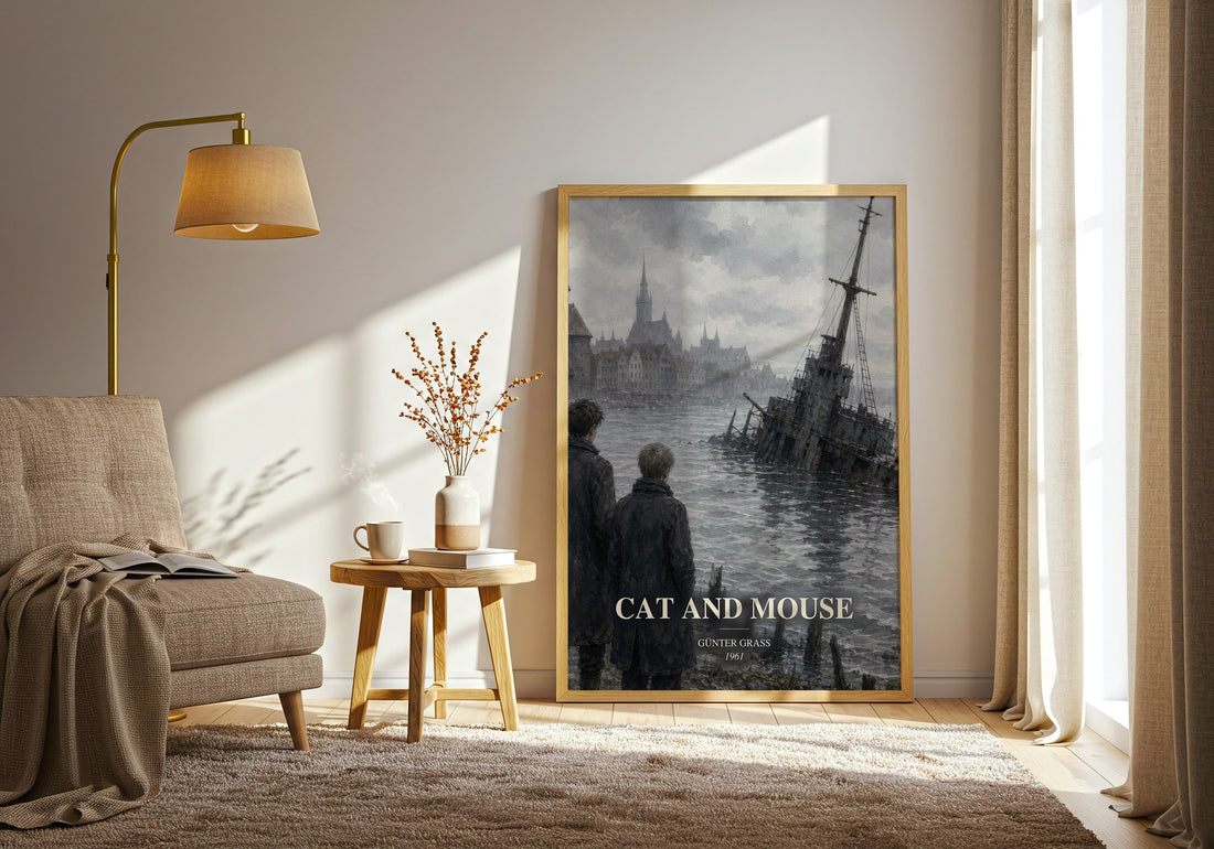 Cat and Mouse watercolour print in frame leaning in hallway – literary fiction wall art (mockup)