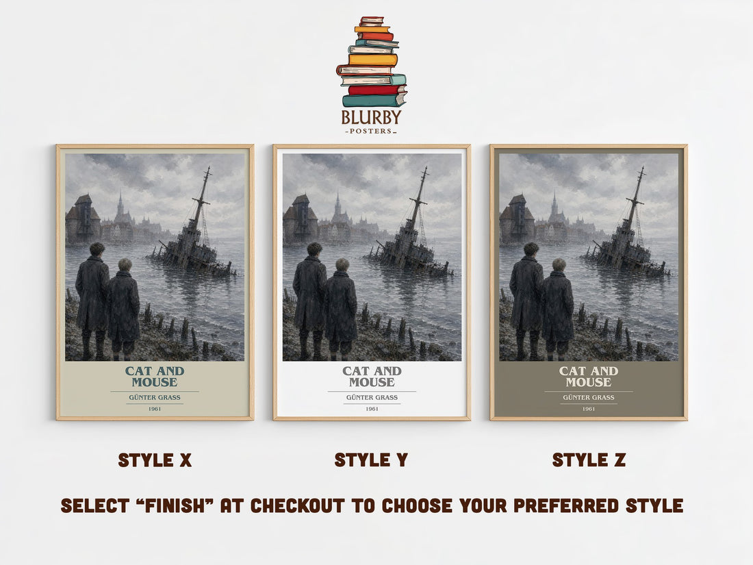 Cat and Mouse book cover print in frame leaning in hallway – literary fiction wall art (mockup)