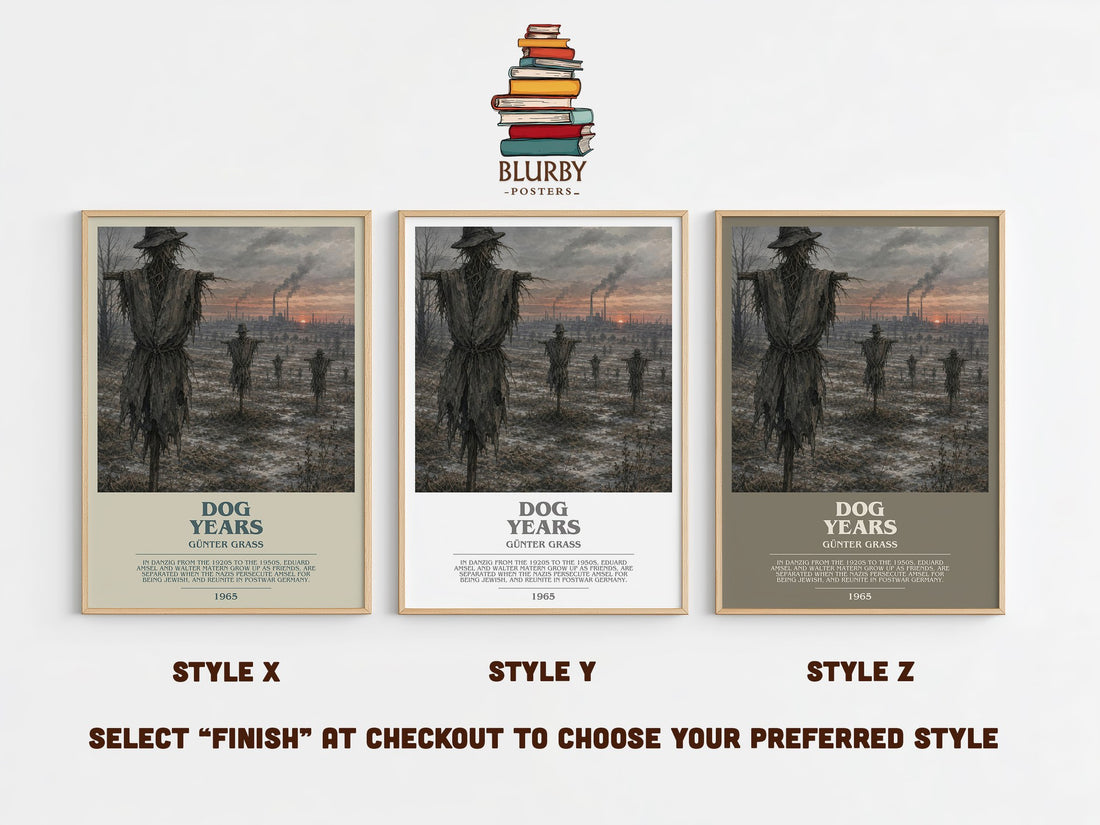 Dog Years bookish print in frame leaning in hallway – historical fiction wall art (mockup)