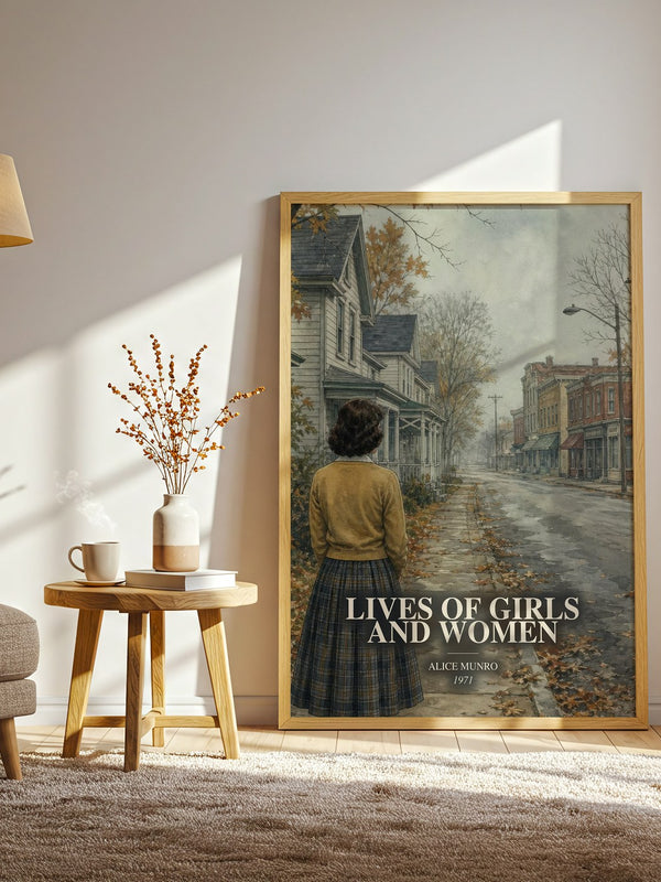 Lives of Girls and Women watercolour print in frame leaning in hallway – coming of age wall art