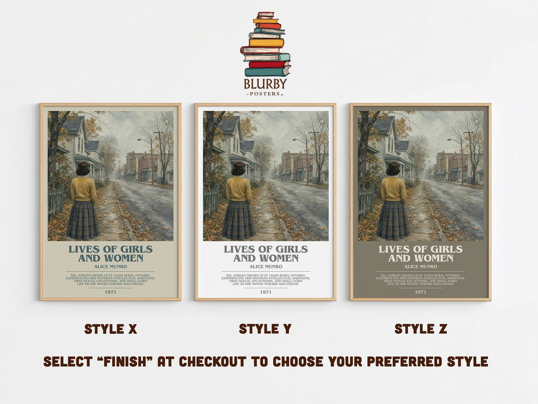 Lives of Girls and Women bookish print in frame leaning in hallway – coming of age wall art (mockup)